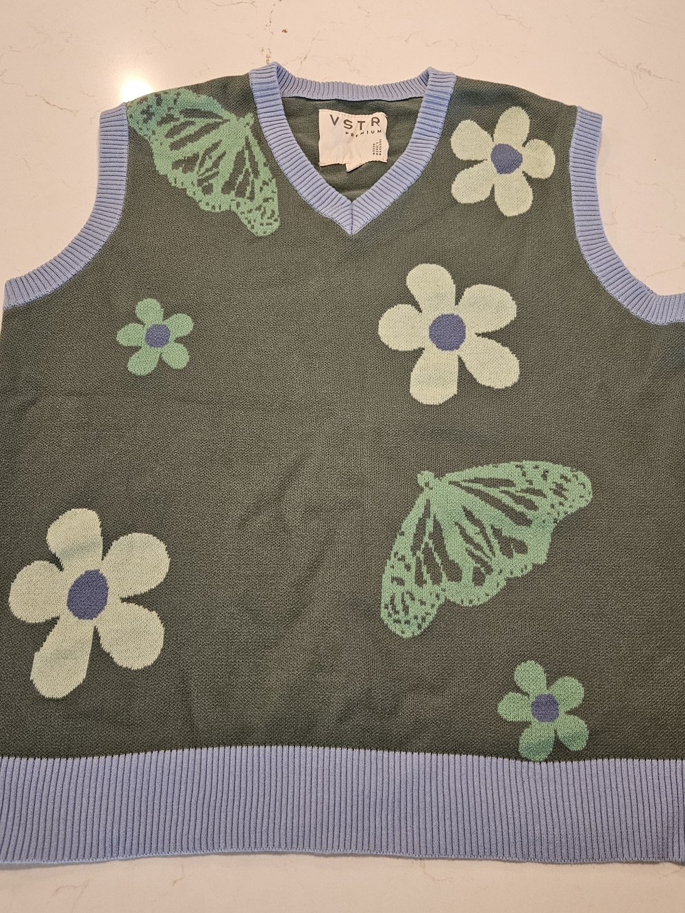 ​VSTR Premium Butterfly Floral V-Neck Knit Sweater Vest Olive Green Pastel Large